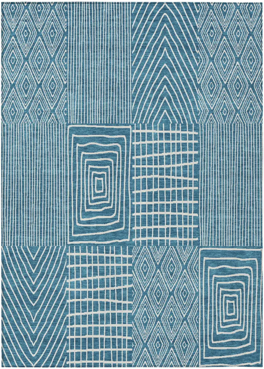 Teal Blue And Ivory Geometric Washable Indoor Outdoor Area Rug Photo 2