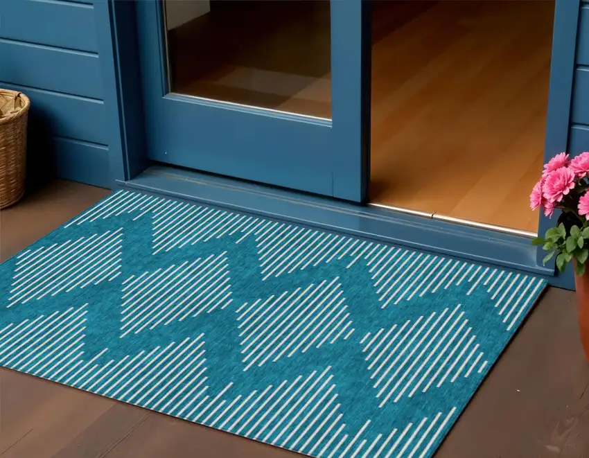 Teal Blue And Ivory Geometric Washable Indoor Outdoor Area Rug Photo 1