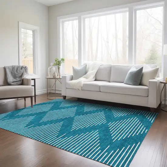 Teal Blue And Ivory Geometric Washable Indoor Outdoor Area Rug Photo 9
