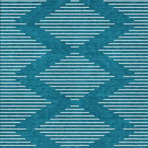 Photo of Teal Blue And Ivory Geometric Washable Indoor Outdoor Area Rug