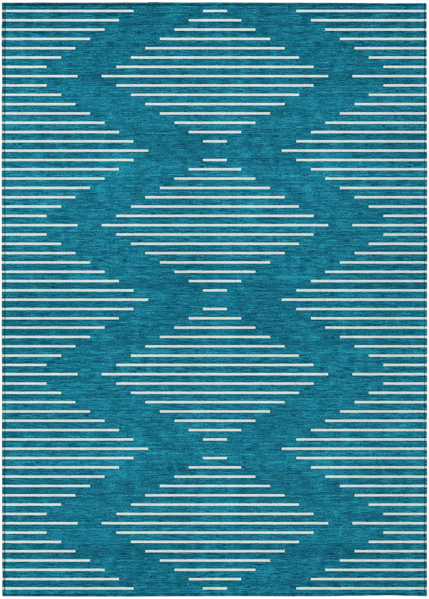 Teal Blue And Ivory Geometric Washable Indoor Outdoor Area Rug Photo 2