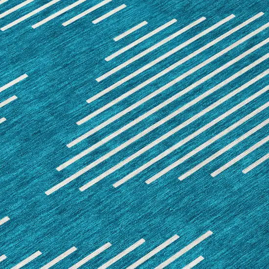 Teal Blue And Ivory Geometric Washable Indoor Outdoor Area Rug Photo 5