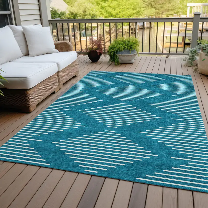 Teal Blue And Ivory Geometric Washable Indoor Outdoor Area Rug Photo 6