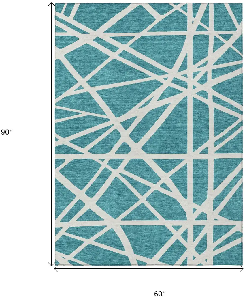 Teal Blue And Ivory Geometric Washable Indoor Outdoor Area Rug Photo 3