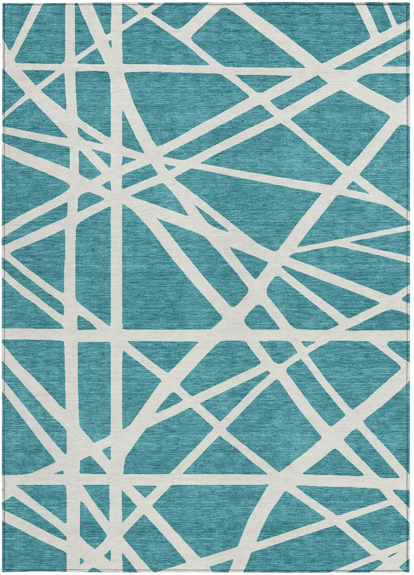 Teal Blue And Ivory Geometric Washable Indoor Outdoor Area Rug Photo 7