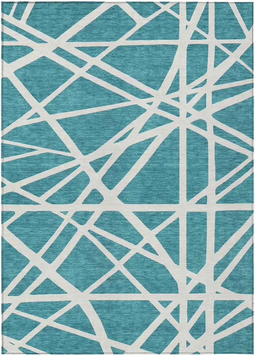 Teal Blue And Ivory Geometric Washable Indoor Outdoor Area Rug Photo 1