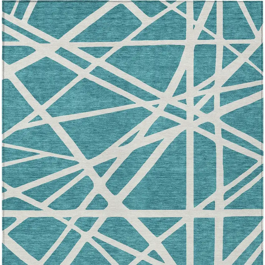 Teal Blue And Ivory Geometric Washable Indoor Outdoor Area Rug Photo 5