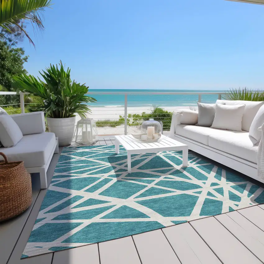 Teal Blue And Ivory Geometric Washable Indoor Outdoor Area Rug Photo 9