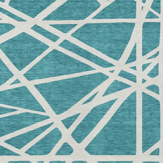 Teal Blue And Ivory Geometric Washable Indoor Outdoor Area Rug Photo 4