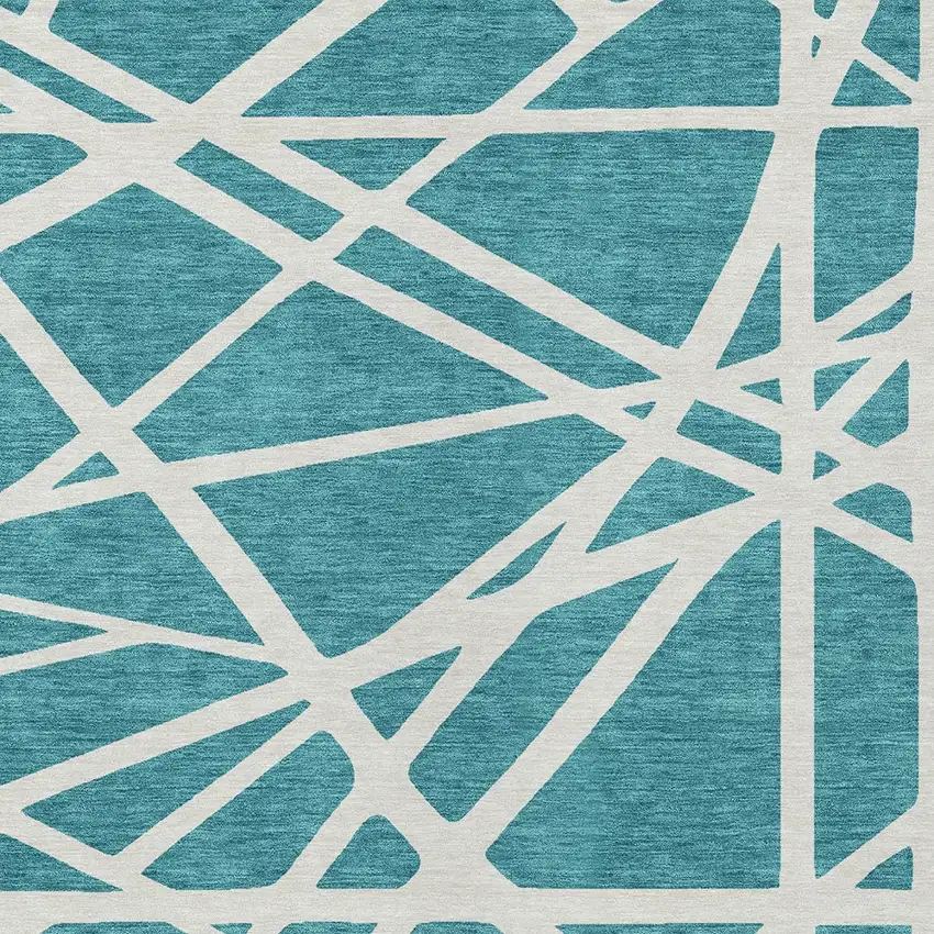 Teal Blue And Ivory Geometric Washable Indoor Outdoor Area Rug Photo 4