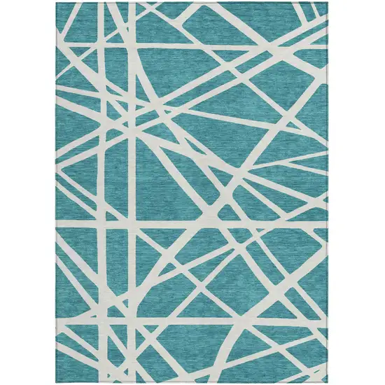 Teal Blue And Ivory Geometric Washable Indoor Outdoor Area Rug Photo 6
