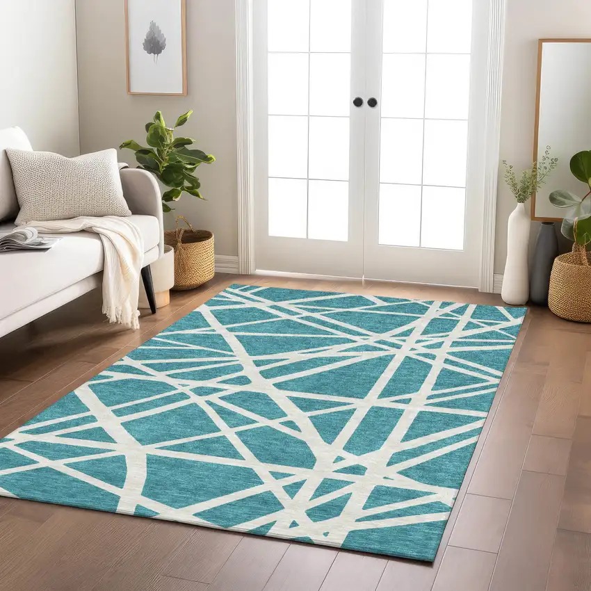 Teal Blue And Ivory Geometric Washable Indoor Outdoor Area Rug Photo 9