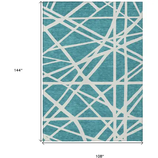 Teal Blue And Ivory Geometric Washable Indoor Outdoor Area Rug Photo 3