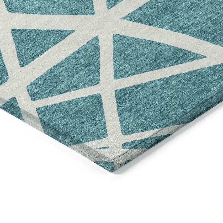 Teal Blue And Ivory Geometric Washable Indoor Outdoor Area Rug Photo 4