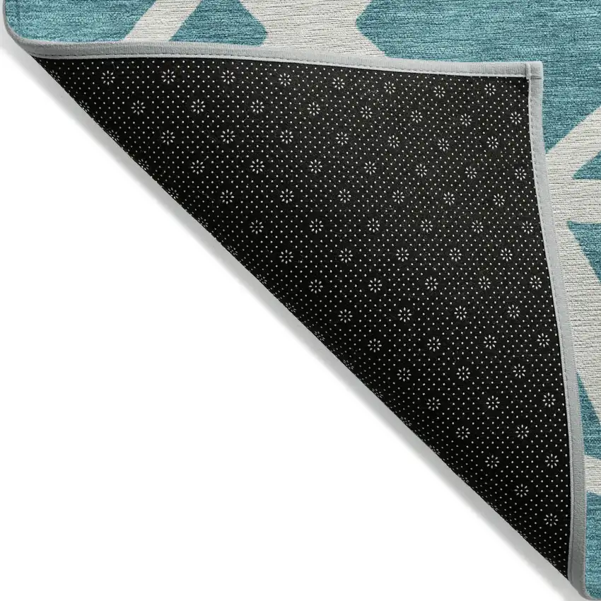 Teal Blue And Ivory Geometric Washable Indoor Outdoor Area Rug Photo 5