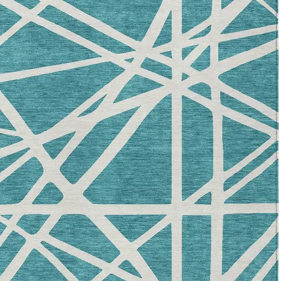 Teal Blue And Ivory Geometric Washable Indoor Outdoor Area Rug Photo 6