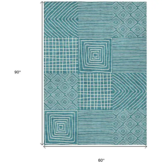Teal Blue And Ivory Geometric Washable Indoor Outdoor Area Rug Photo 8