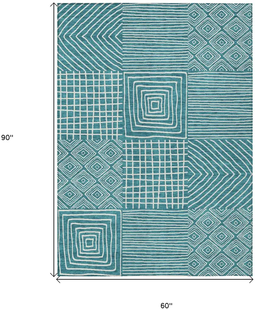 Teal Blue And Ivory Geometric Washable Indoor Outdoor Area Rug Photo 8