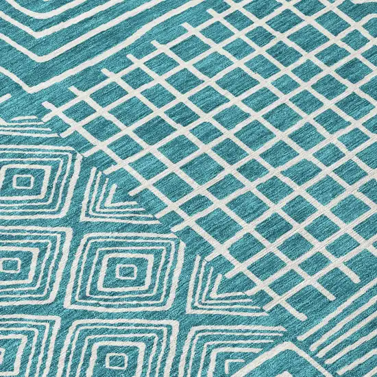 Teal Blue And Ivory Geometric Washable Indoor Outdoor Area Rug Photo 5