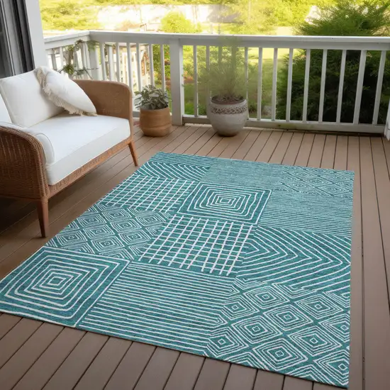 Teal Blue And Ivory Geometric Washable Indoor Outdoor Area Rug Photo 8