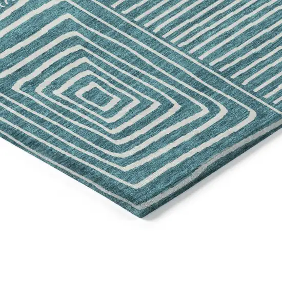 Teal Blue And Ivory Geometric Washable Indoor Outdoor Area Rug Photo 4