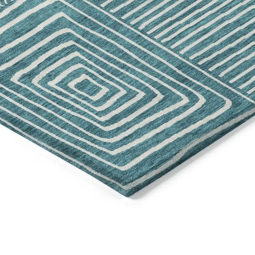 Teal Blue And Ivory Geometric Washable Indoor Outdoor Area Rug Photo 4