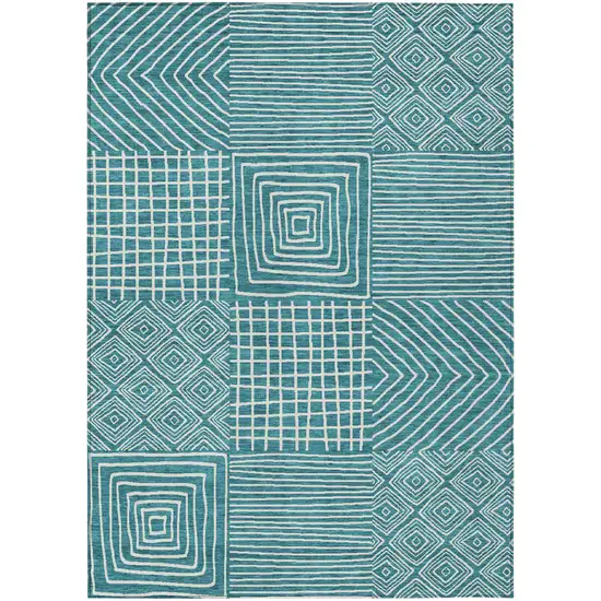 Teal Blue And Ivory Geometric Washable Indoor Outdoor Area Rug Photo 2