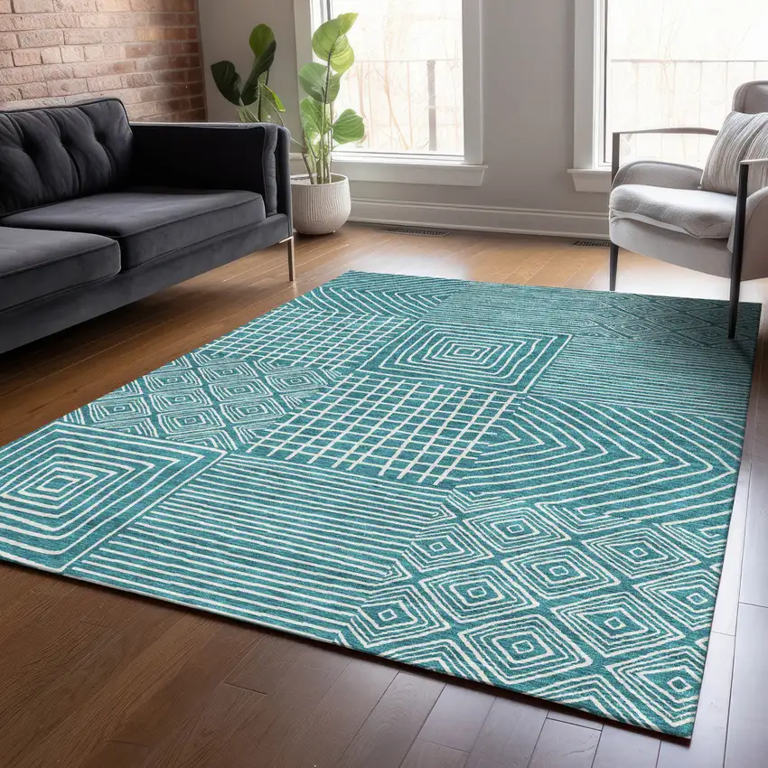 Teal Blue And Ivory Geometric Washable Indoor Outdoor Area Rug Photo 9