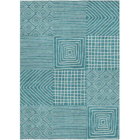 Teal Blue And Ivory Geometric Washable Indoor Outdoor Area Rug Photo 7