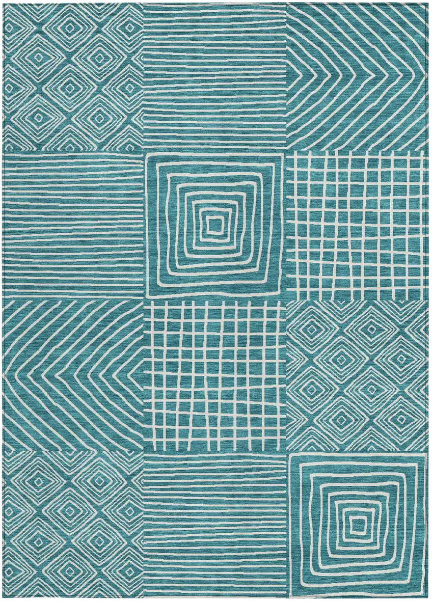 Teal Blue And Ivory Geometric Washable Indoor Outdoor Area Rug Photo 7