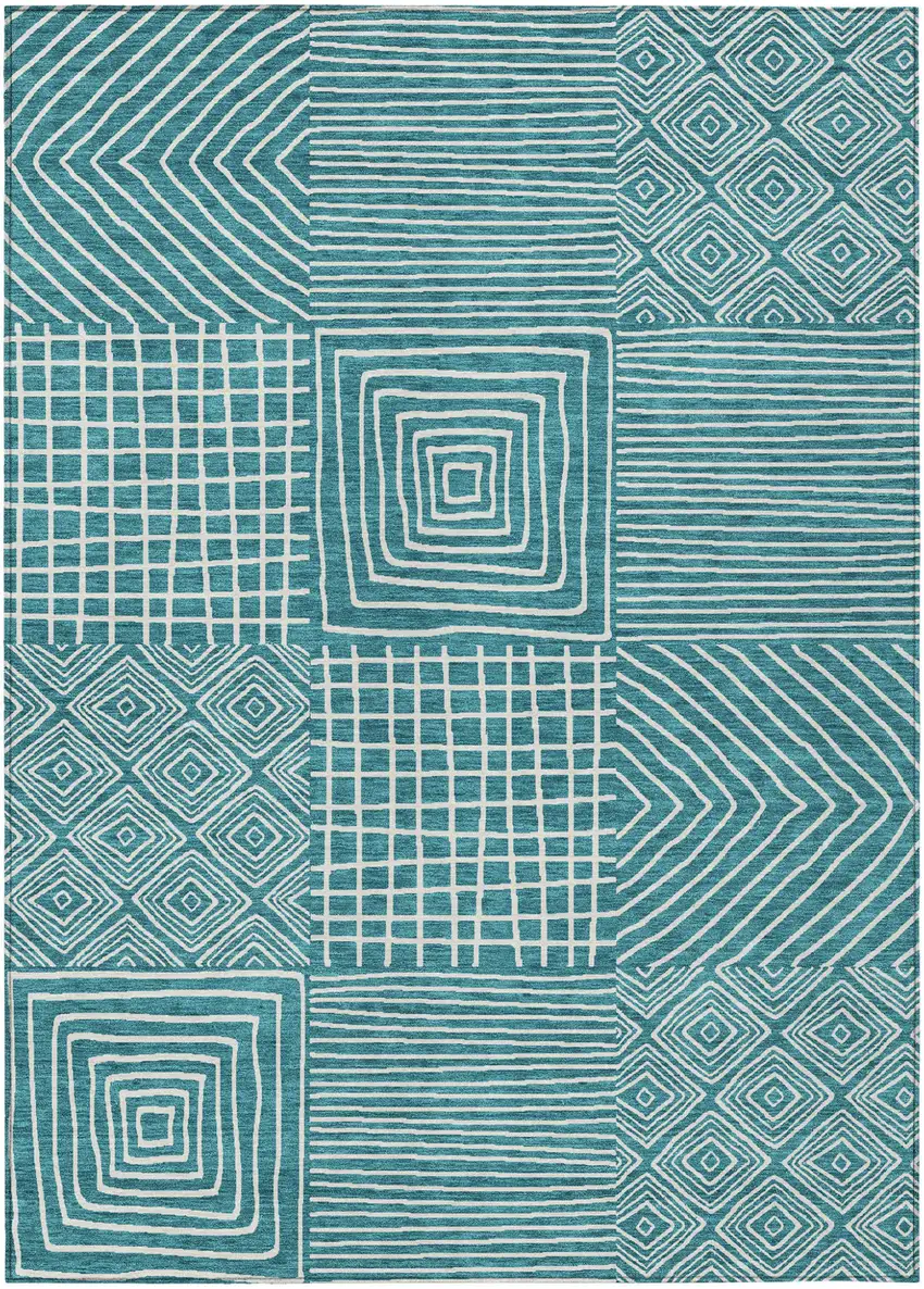 Teal Blue And Ivory Geometric Washable Indoor Outdoor Area Rug Photo 2