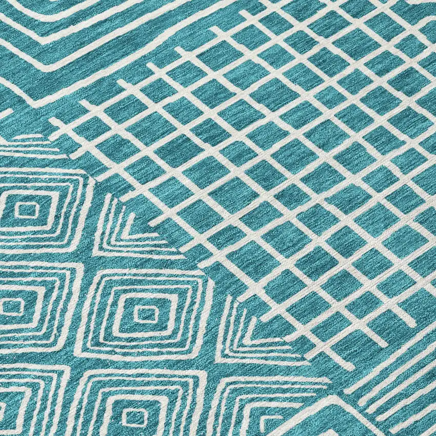 Teal Blue And Ivory Geometric Washable Indoor Outdoor Area Rug Photo 5