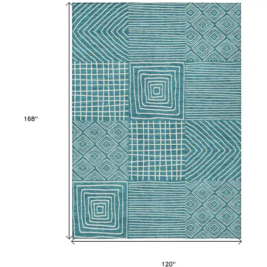 Teal Blue And Ivory Geometric Washable Indoor Outdoor Area Rug Photo 8
