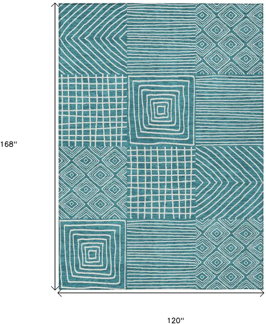 Teal Blue And Ivory Geometric Washable Indoor Outdoor Area Rug Photo 8