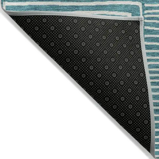Teal Blue And Ivory Geometric Washable Indoor Outdoor Area Rug Photo 3