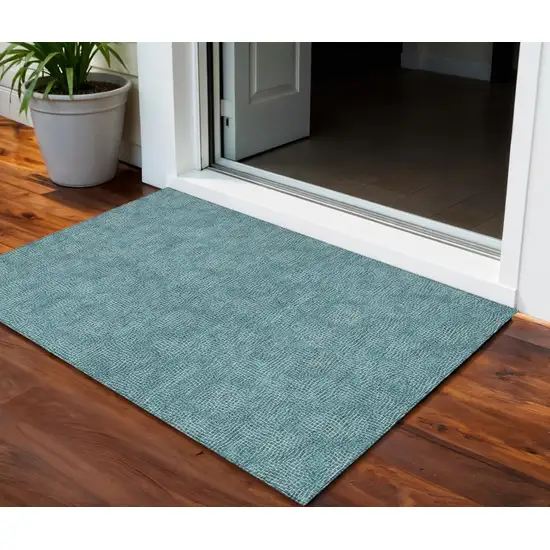 Teal Blue And Ivory Geometric Washable Indoor Outdoor Area Rug Photo 1