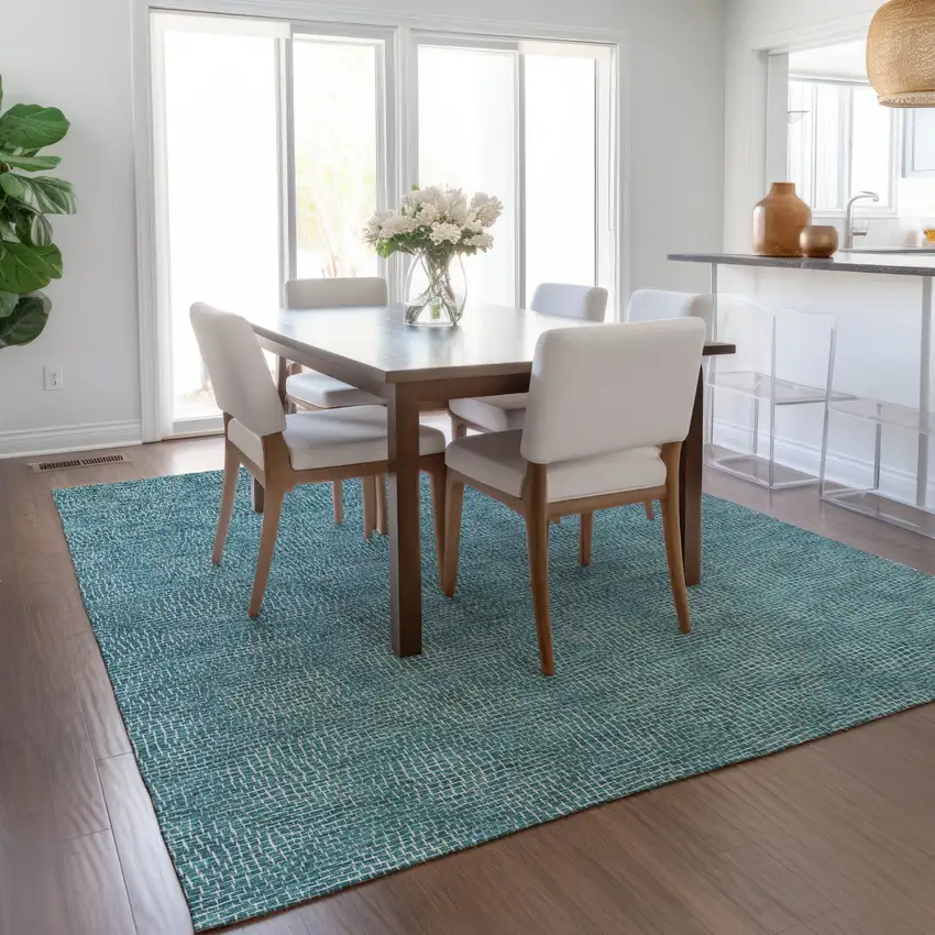 Teal Blue And Ivory Geometric Washable Indoor Outdoor Area Rug Photo 9