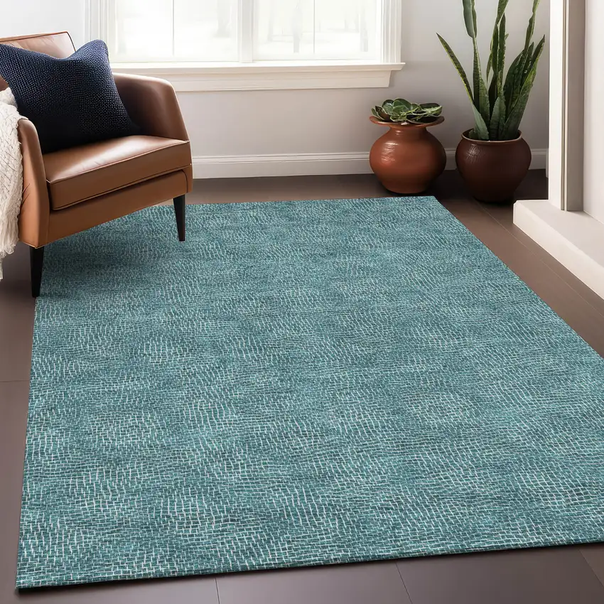 Teal Blue And Ivory Geometric Washable Indoor Outdoor Area Rug Photo 8