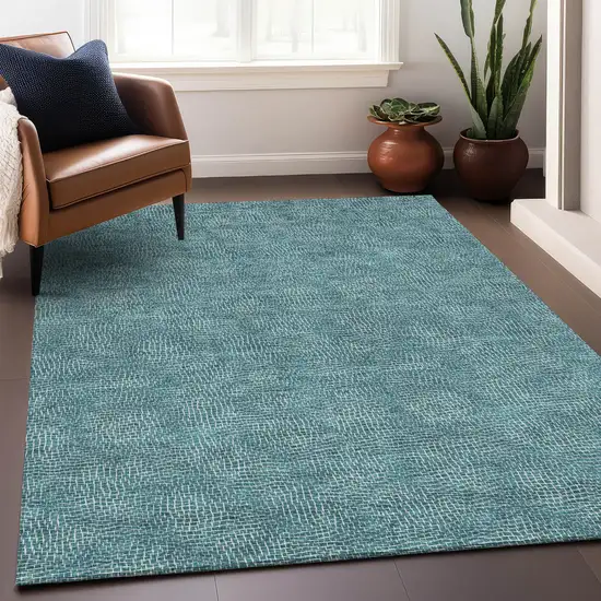 Teal Blue And Ivory Geometric Washable Indoor Outdoor Area Rug Photo 8