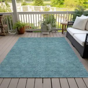 Photo of Teal Blue And Ivory Geometric Washable Indoor Outdoor Area Rug
