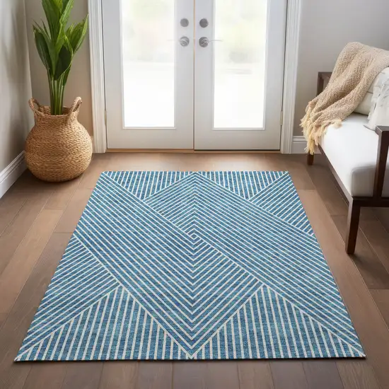 Teal Blue And Ivory Geometric Washable Indoor Outdoor Area Rug Photo 9