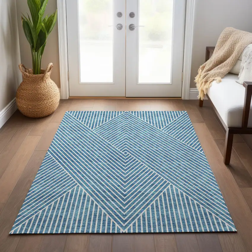 Teal Blue And Ivory Geometric Washable Indoor Outdoor Area Rug Photo 9