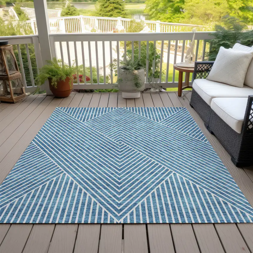 Teal Blue And Ivory Geometric Washable Indoor Outdoor Area Rug Photo 8
