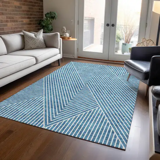 Teal Blue And Ivory Geometric Washable Indoor Outdoor Area Rug Photo 9