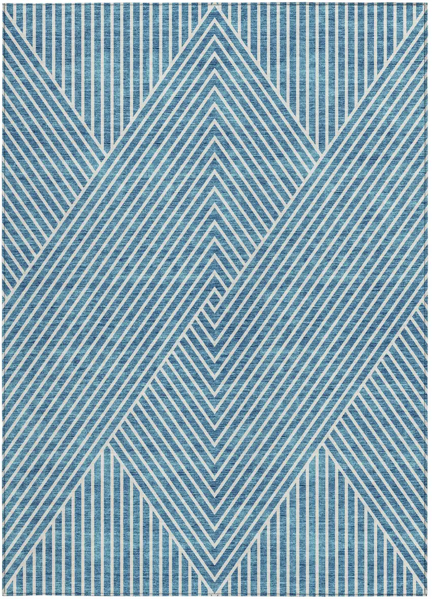 Teal Blue And Ivory Geometric Washable Indoor Outdoor Area Rug Photo 7