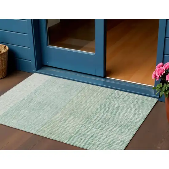 Teal Blue And Ivory Geometric Washable Indoor Outdoor Area Rug Photo 2