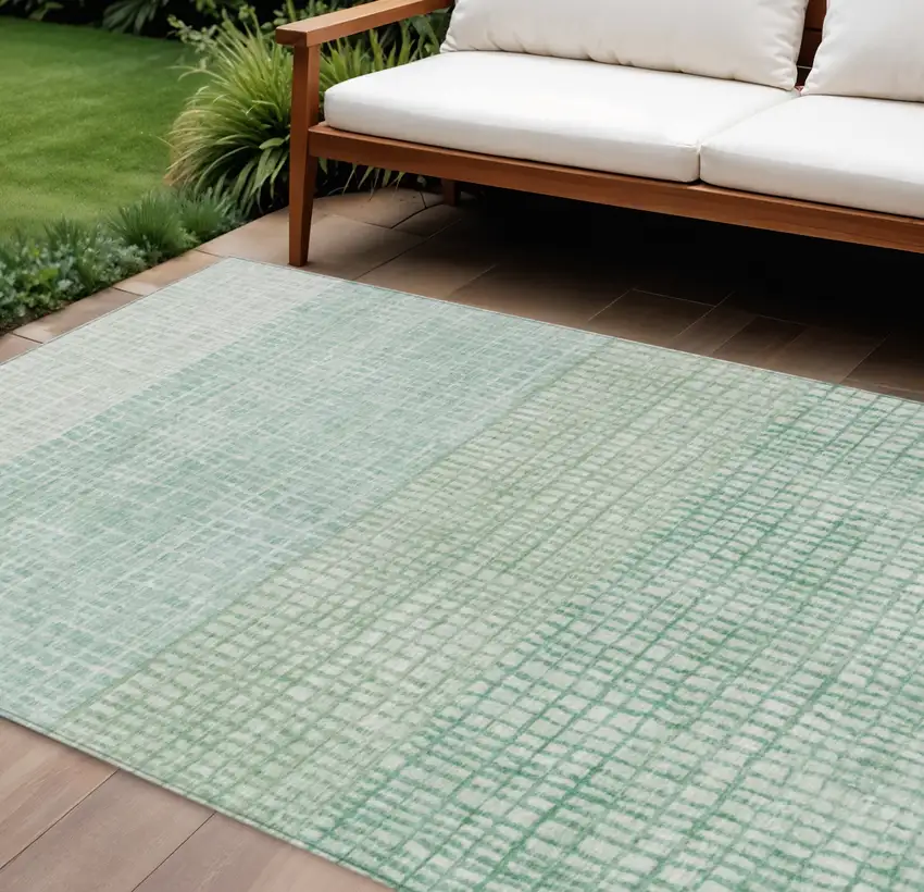 Teal Blue And Ivory Geometric Washable Indoor Outdoor Area Rug Photo 2