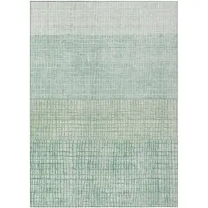 Photo of Teal Blue And Ivory Geometric Washable Indoor Outdoor Area Rug