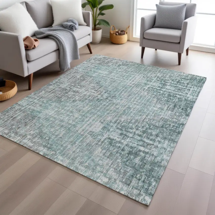 Teal Blue And Ivory Geometric Washable Indoor Outdoor Area Rug Photo 6