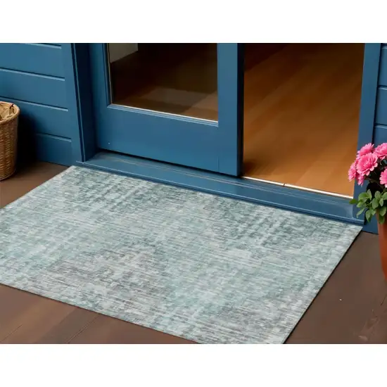 Teal Blue And Ivory Geometric Washable Indoor Outdoor Area Rug Photo 2